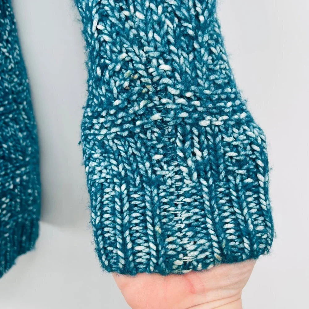 Soft Surroundings Women's Teal 1/4 Zip Aran Cable Knit Sweater Size M Wool Blend